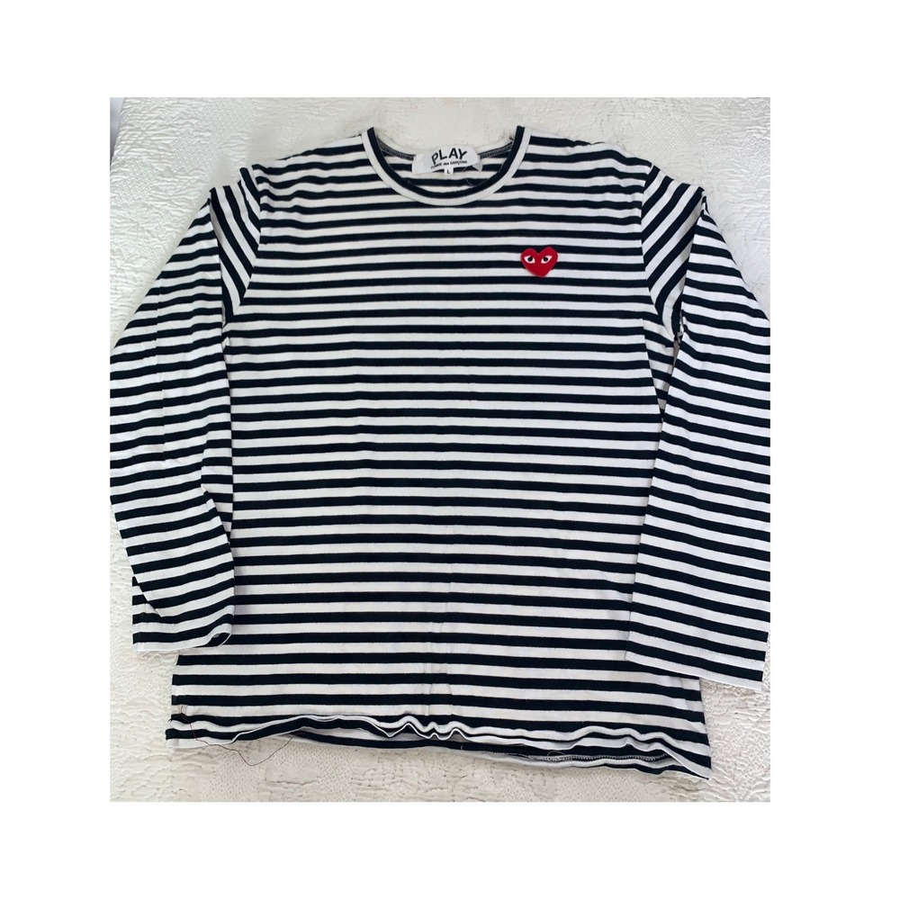 Comme des Garcons Play Womens Striped Long Sleeve T-Shirt Navy White Heart L